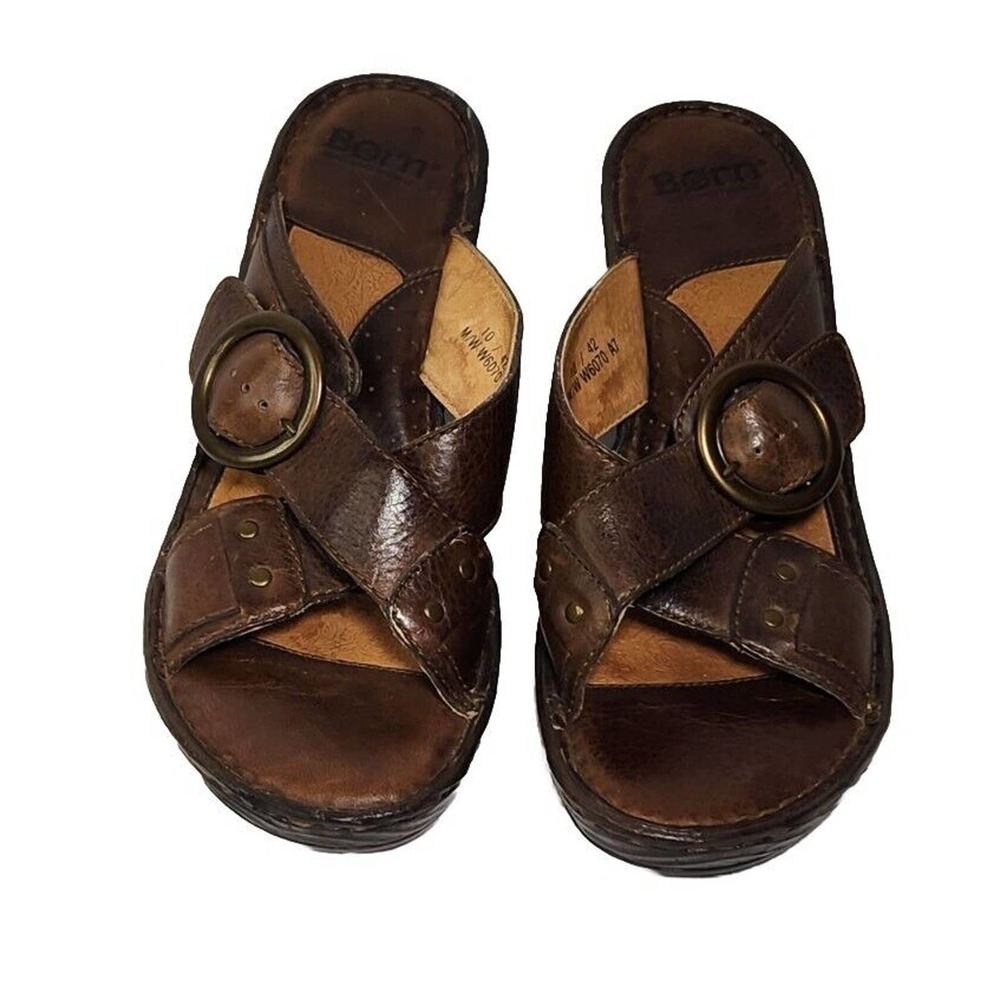 Womens Born Brown Leather Platform Criss Cross Buckle Sandal Heels W6070 Size 10